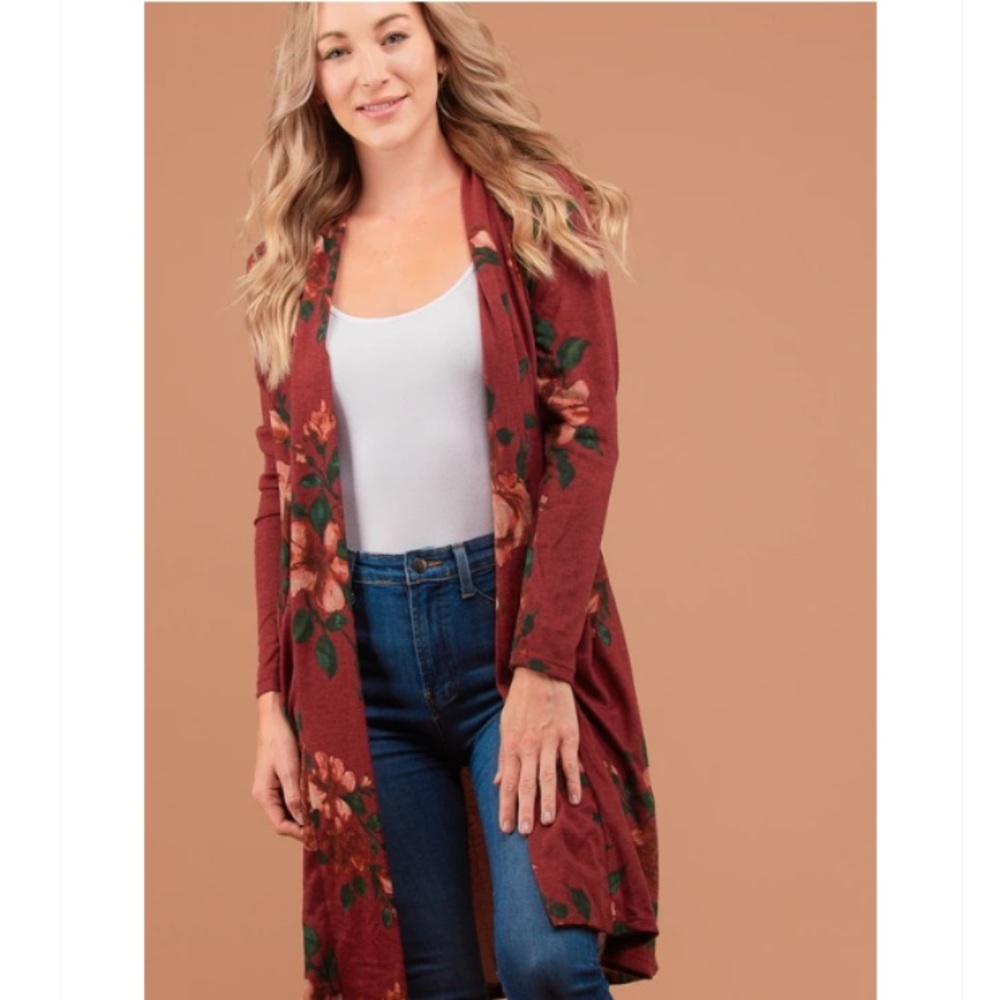 ONLY ONE LEFT!  Burgundy Floral Long Cardigan - Picture 2 of 5